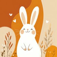 Cute white bunny with happy expression surrounded by autumn foliage and hearts on orange background. Minimalist cartoon style artwork for children's decor.