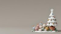 Decorative ceramic holiday tree with star topper surrounded by pastel ornaments and festive greenery on neutral background for seasonal design projects.