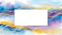 Abstract flowing waves in purple blue yellow gradient with white rectangle space for text or logo design elements.