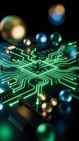 Circuit board with glowing green pathways and blurred electronic components on dark background, suitable for technology, innovation, and digital transformation concepts.