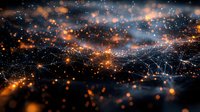 Glowing orange and blue particles with light trails create dynamic network connections against dark background, abstract technology concept visualization.