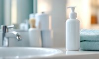 White cosmetic pump bottle on bathroom counter with folded mint towels near sink, soft focus background creates spa-like atmosphere for beauty product display.