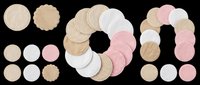Assorted round paper coasters and placemats in neutral tones including beige, white, and pink. Isolated on transparent background, ready for clipart, print-on-demand, sublimation, t-shirt design, and sticker applications.
