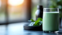 Fresh green smoothie with spinach leaves on dark plate against blurred window background, healthy breakfast drink with natural morning light.