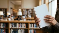 Person with medium skin tone holding blank white book in library setting with bookshelves and warm lighting, suitable for education, reading, and publishing concepts.