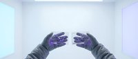 Hands wearing dark gloves with purple neon light patterns, isolated on white background, ready for design use on apparel and digital projects.