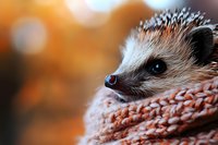 Adorable hedgehog wrapped in cozy knitted scarf during golden hour sunset, showcasing spiky quills and curious expression in warm autumn light.