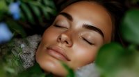 Young woman with East Asian ethnicity, eyes closed in relaxation, surrounded by green foliage and moss-covered stone. Skincare, wellness, and natural beauty concept for cosmetics and spa marketing.