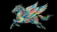 Colorful ornate Pegasus with wings spread, decorated with swirling patterns in blue, gold, and pink, isolated on transparent background, ready for stickers, t-shirt design, and print on demand.