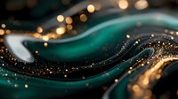 Abstract emerald green and gold flowing waves with sparkling particles and bokeh lights creating luxurious dynamic motion for elegant backgrounds and designs.