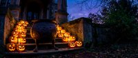 Spooky Halloween jack-o-lanterns glowing on stone steps of old house at twilight creating atmospheric autumn holiday scene for seasonal decorations.