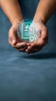 Hands holding glowing digital legal document icon with gavel symbol representing law technology, legal services, and digital justice concepts.