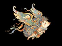 Ornate flying hedgehog with colorful swirling wings and floral details, isolated on transparent background. Great for stickers, t-shirt design, print on demand.