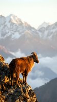 Mountain goat with golden fur standing on rocky cliff edge during sunrise with snow-capped peaks in background for outdoor adventure and wildlife photography.