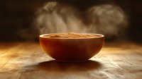 Steaming bowl of aromatic spice powder on rustic wooden surface with dramatic lighting and rising vapor creates atmospheric food photography composition.
