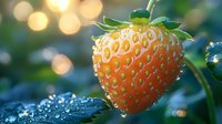 Fresh pineberry with water drops and bokeh lights in background, rare white strawberry variety showing detailed texture and morning dew.