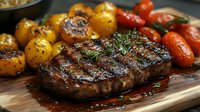 Juicy grilled beef steak with fresh herbs, roasted cherry tomatoes and golden potatoes on wooden cutting board. Close up view of gourmet dinner preparation.