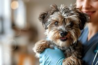 Adorable Yorkshire Terrier puppy held by veterinarian in blue scrubs during checkup, showcasing pet healthcare and animal wellness.