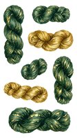 Twisted yarn skeins in forest green and gold metallic tones, isolated on white background. Perfect for knitting, crochet, and craft design projects.