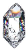 Clear quartz crystal with rainbow light refraction and prismatic effects isolated on white background for spiritual healing and meditation practices.
