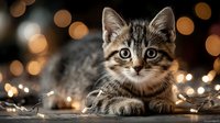 Adorable tabby kitten with bright eyes surrounded by warm golden bokeh lights and fairy string lights creating magical holiday atmosphere for pet photography.