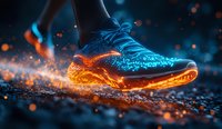 Running shoe with dramatic fire and ice effects, glowing orange and blue particles creating magical contrast on dark background, sports footwear in motion.