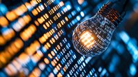 Glowing lightbulb with binary code background reflects digital transformation and innovation in technology. Modern concept for artificial intelligence and data science.