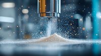 Powder explosion captured in macro photography with metallic dispenser against blurred blue background, dynamic motion of particles in cosmetic industry.