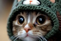 Close up portrait of adorable cat wearing green knitted hat with animal ears, focusing on expressive big eyes and pink nose, creating heartwarming pet photography.