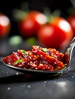 Spoonful of sun-dried tomatoes in oil with herbs and sesame seeds on dark background, fresh tomatoes bokeh, macro food photography for restaurant menu.