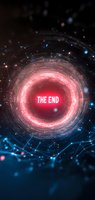 Glowing red vortex with "THE END" text against cosmic background, surrounded by digital network connections and particles in space.