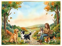 Young woman relaxing on wooden bench with three dogs in autumn countryside landscape with colorful fall foliage and rolling hills background.