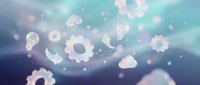 Floating gears and clouds against soft blue gradient background with bokeh lights, representing technology, innovation, and digital transformation for business concepts.