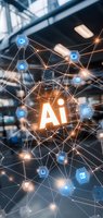 Glowing AI text surrounded by connected network nodes and digital icons on blurred background, representing artificial intelligence and machine learning technology.