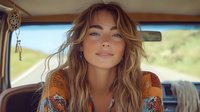 Young Caucasian woman with wavy blonde hair and natural makeup smiling in vintage car interior, wearing bohemian style orange floral top, sunlit summer road trip mood.