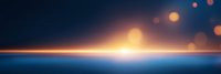 Panoramic seascape at dusk with glowing horizon line and bokeh light effects creating dreamy atmosphere. Minimalist ocean scene with warm sunlight reflection.