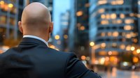Bald businessman in dark suit looking at illuminated city buildings during evening hours, rear view perspective showing confidence and leadership.