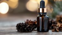 Dark glass dropper bottle with essential oil against blurred bokeh background, pine cones and natural elements on wooden surface. Wellness concept.