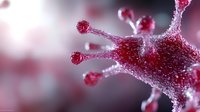 Microscopic view of virus structure in red and pink tones with crystalline surface texture and protruding spikes against blurred background, scientific visualization.