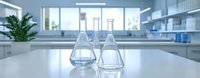 Laboratory glassware with clear liquid on white table in modern research facility with green plant. Clean scientific workspace for chemical experiments and analysis.