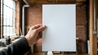 Person holding blank white paper sheet in industrial loft space with brick walls and natural light, suitable for mockups and presentations.