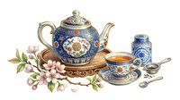 Ornate blue and white porcelain teapot with matching cup, saucer, spoon and decorative jar surrounded by pink flowers on white background, isolated for design use.