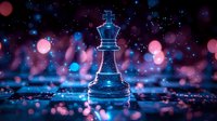 Glass chess king piece glowing with blue light against dark background with pink and blue bokeh lights creating magical atmosphere for strategy concepts.