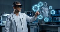 Male scientist in lab coat using augmented reality headset to interact with holographic molecular structures and digital data in modern laboratory setting.