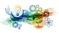 Abstract technology innovation concept with lightbulb, gears, plant growth and atomic symbols in flowing colorful design for business presentations.