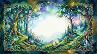 Enchanted forest scene with glowing fireflies, crescent moon, and golden frame, watercolor style, for cards, posters, and fantasy designs.
