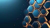 Metallic copper hexagonal shapes with glowing edges on dark turquoise background, abstract geometric pattern with depth effect and light particles for tech design.
