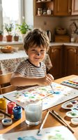Young boy with blonde hair painting watercolors at kitchen table, creative art activity at home with brushes and paints, childhood artistic expression.