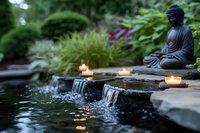 Peaceful garden water feature with Buddha statue and glowing tea light candles creating serene atmosphere near small waterfall in evening garden setting.