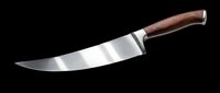 Curved stainless steel kitchen knife with wooden handle, isolated on transparent background, ready for T-shirt design, clipart, stickers, and print on demand use.
